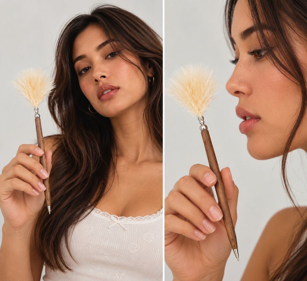 Wooden Brown Boudoir Ballpoint Pen with Beige Feather